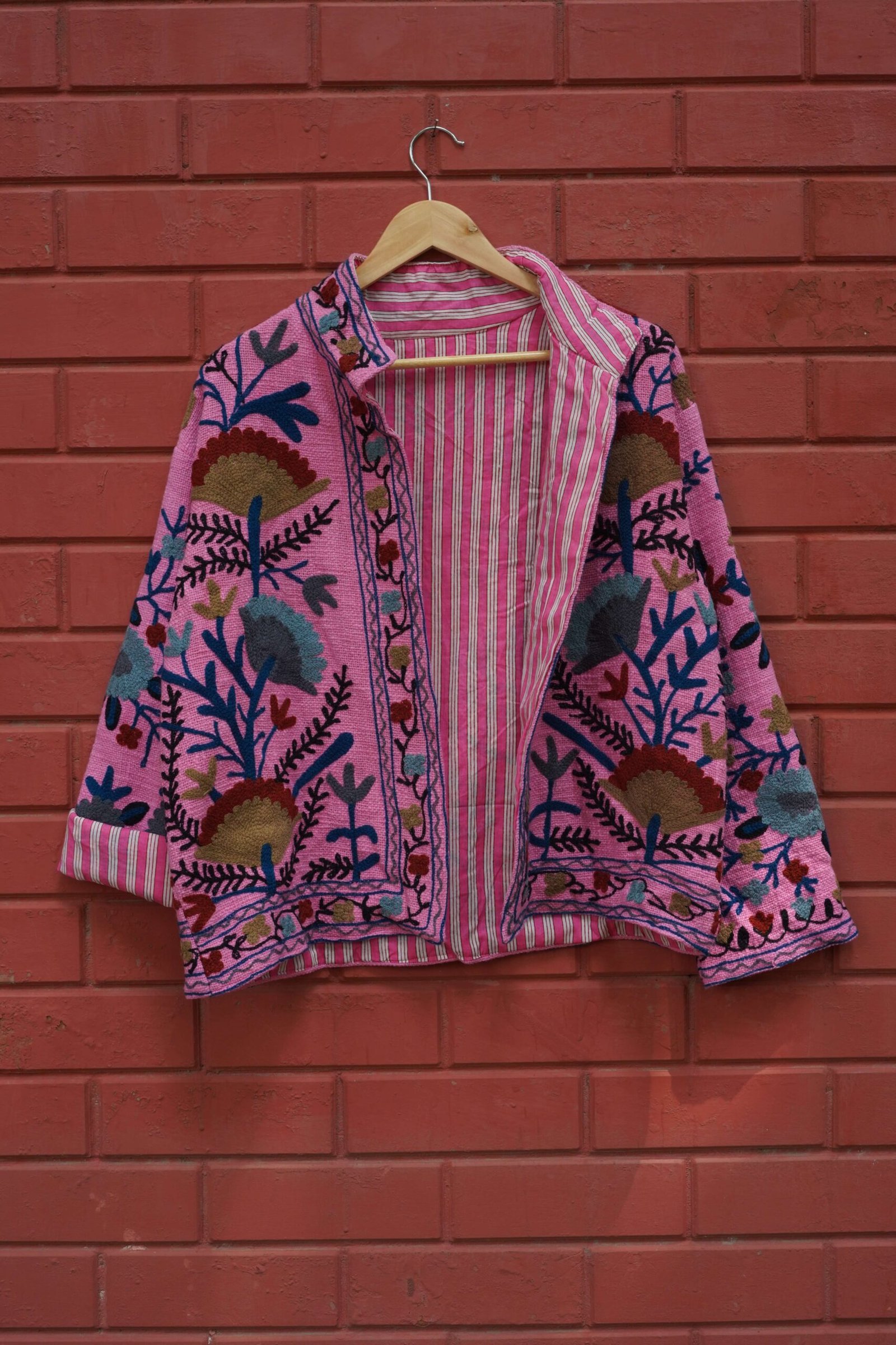 Womens Pink Velvet Embroidered Jacket with Floral Design - Image 3